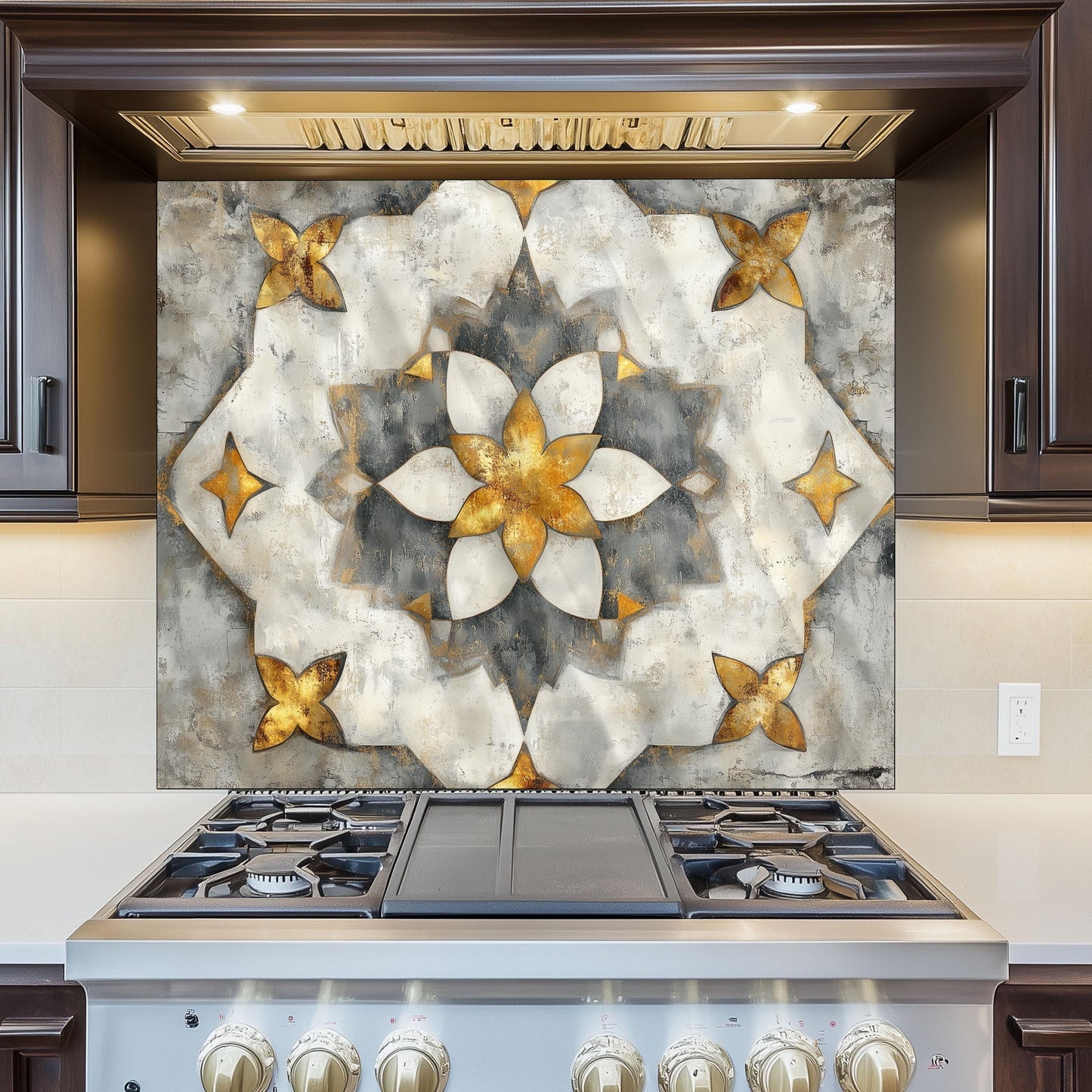 Navy & Amber Moroccan Backsplash, Heat Resistant Stove Guard, Custom Size Glass Art