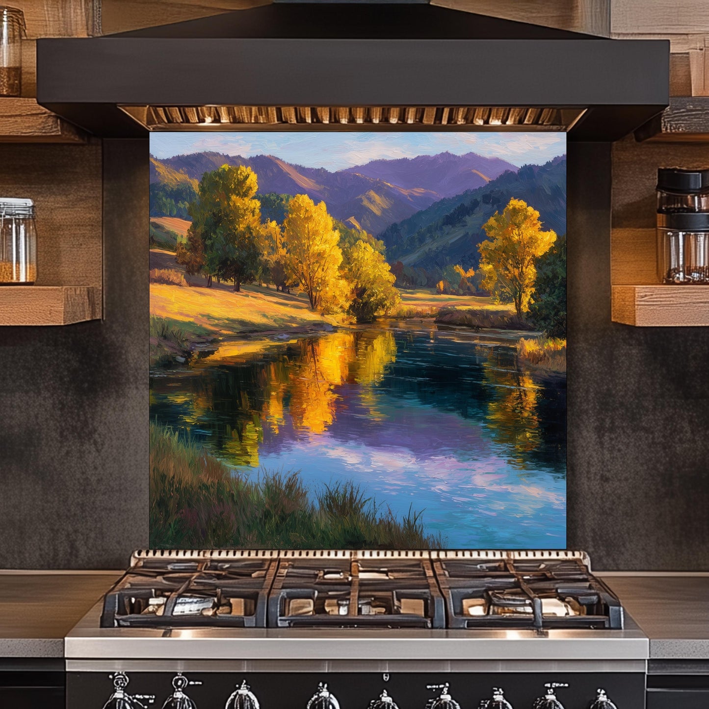Golden Meadow Lake Tempered Glass Backsplash - Autumn Landscape Kitchen Wall Panel