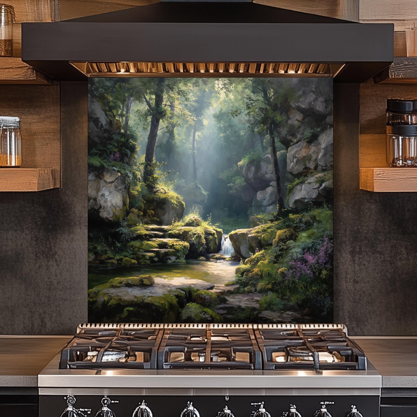 Forest Waterfall Glass Backsplash, Tranquil Nature Stove Guard, Heat Resistant Easy Clean Kitchen Art