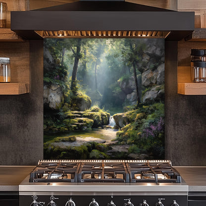 Forest Waterfall Glass Backsplash, Tranquil Nature Stove Guard, Heat Resistant Easy Clean Kitchen Art