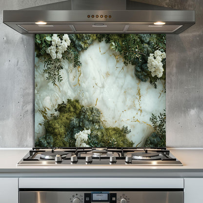 Luxury Marble and Botanical Tempered Glass Backsplash - White Gold Kitchen Splashback