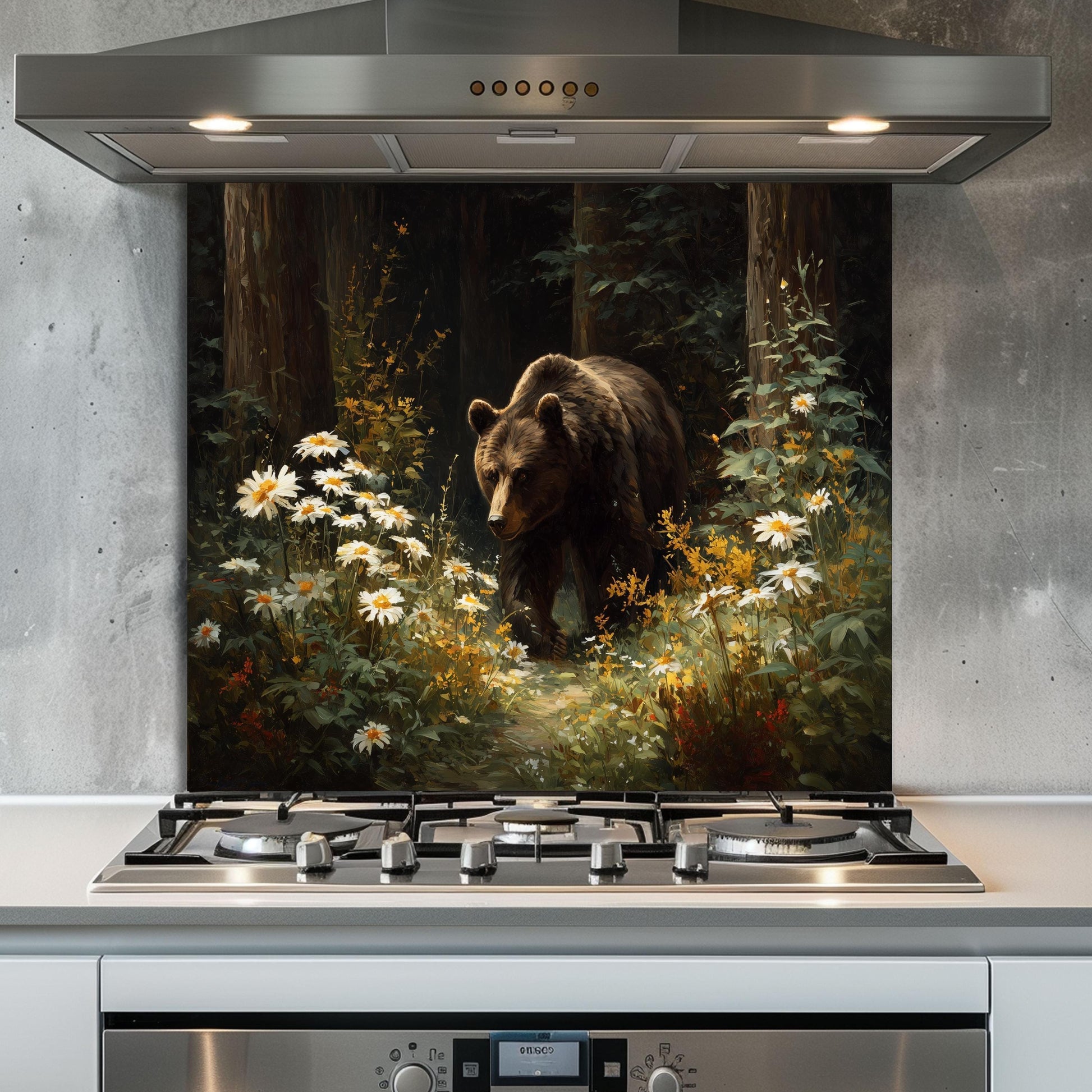Copper Bear Backsplash: Hand-Embossed Tempered Glass, Rustic Cabin Kitchen