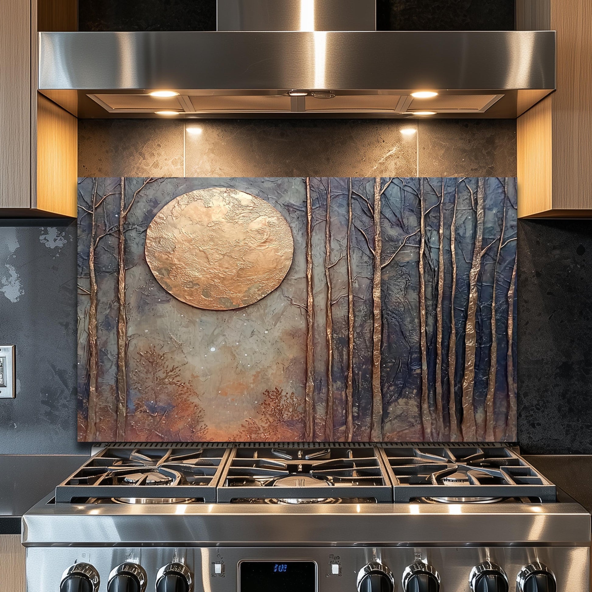 Copper Moon Glass Backsplash, Celestial Crescent Stove Guard, Heat Resistant Easy Clean Kitchen Art