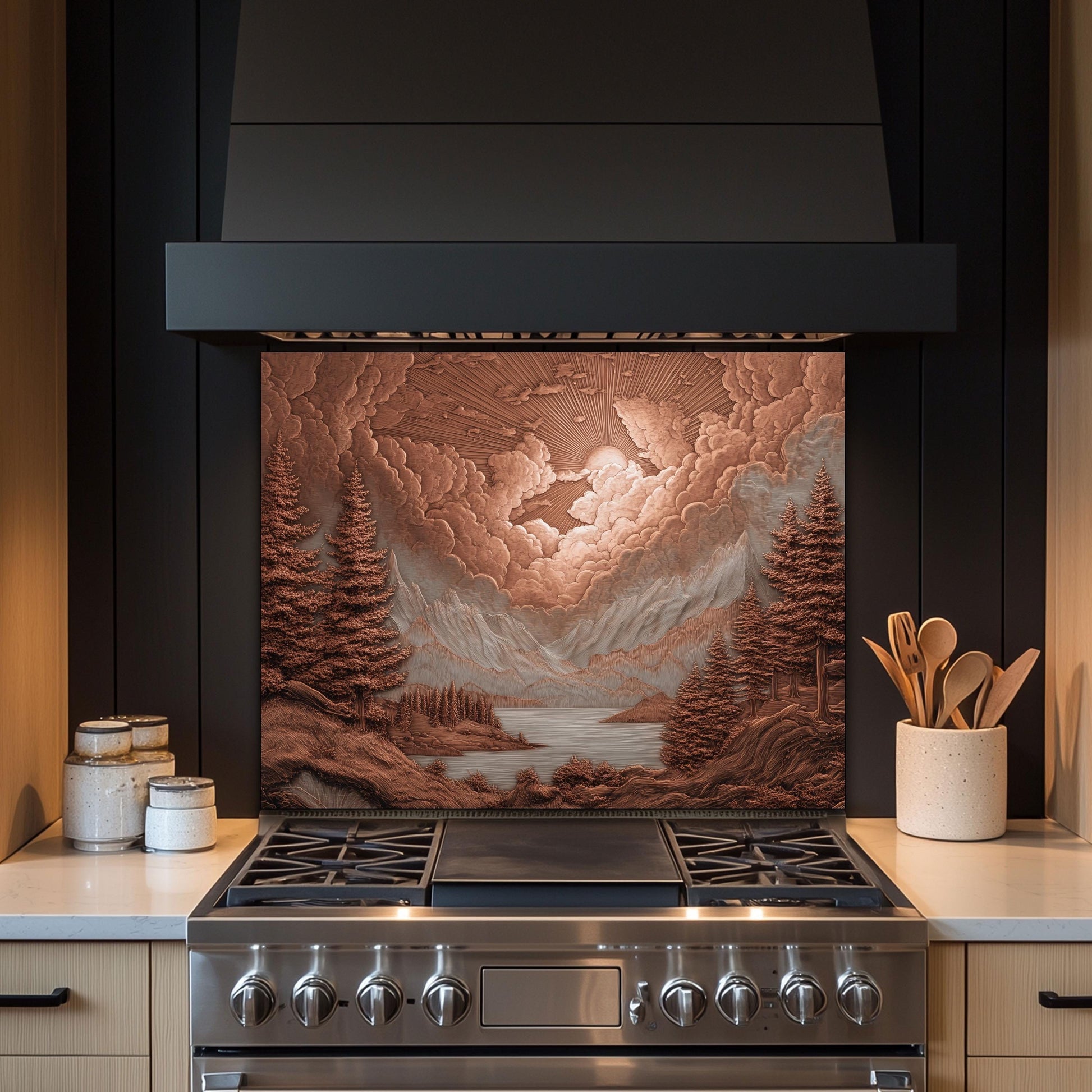 Tempered Glass Mountain & Deer Backsplash: Rustic Kitchen Decor