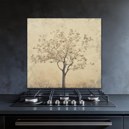 Tempered glass stove backsplash, minimalist tree of life design, heat-resistant splashback, easy clean wall protector, modern kitchen decor, artistic wall art, stylish backsplash, stove guard