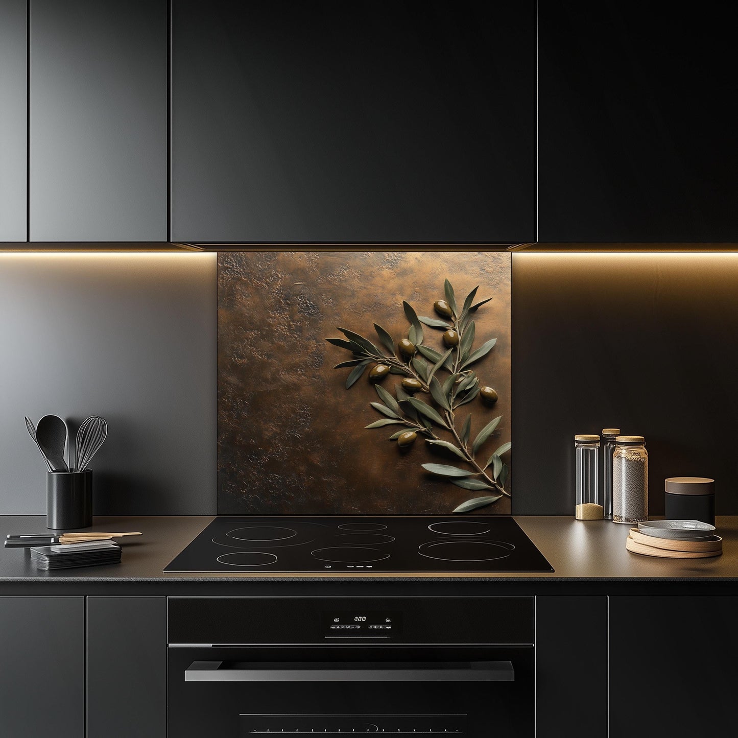 Tempered glass kitchen backsplash with a detailed olive branch design. Rustic and Mediterranean-inspired, heat-resistant and easy to clean. Perfect wall protector for farmhouse-style kitchens.