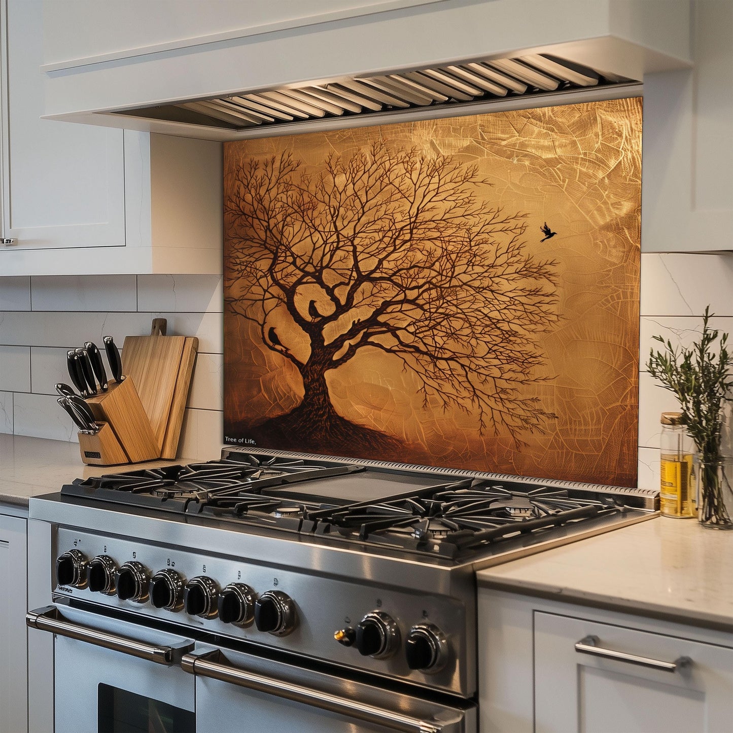 Copper Look Tree Kitchen Backsplash, UV Printed Tempered Glass Art, Custom Size Design