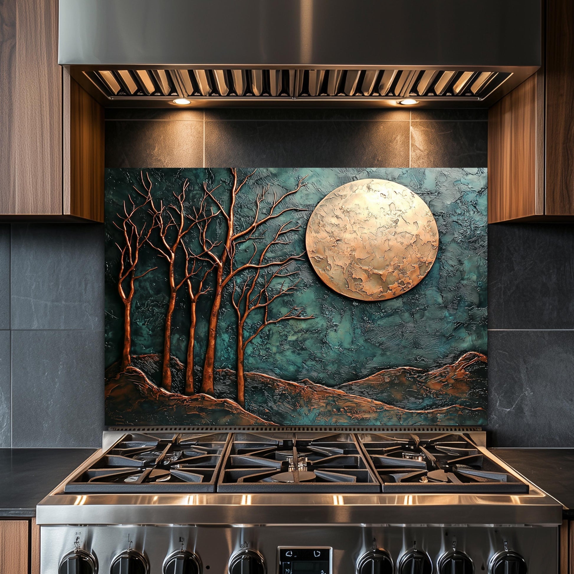 Copper Moon & Heron Backsplash, Heat Resistant Nature Guard, Custom Size Glass Art
