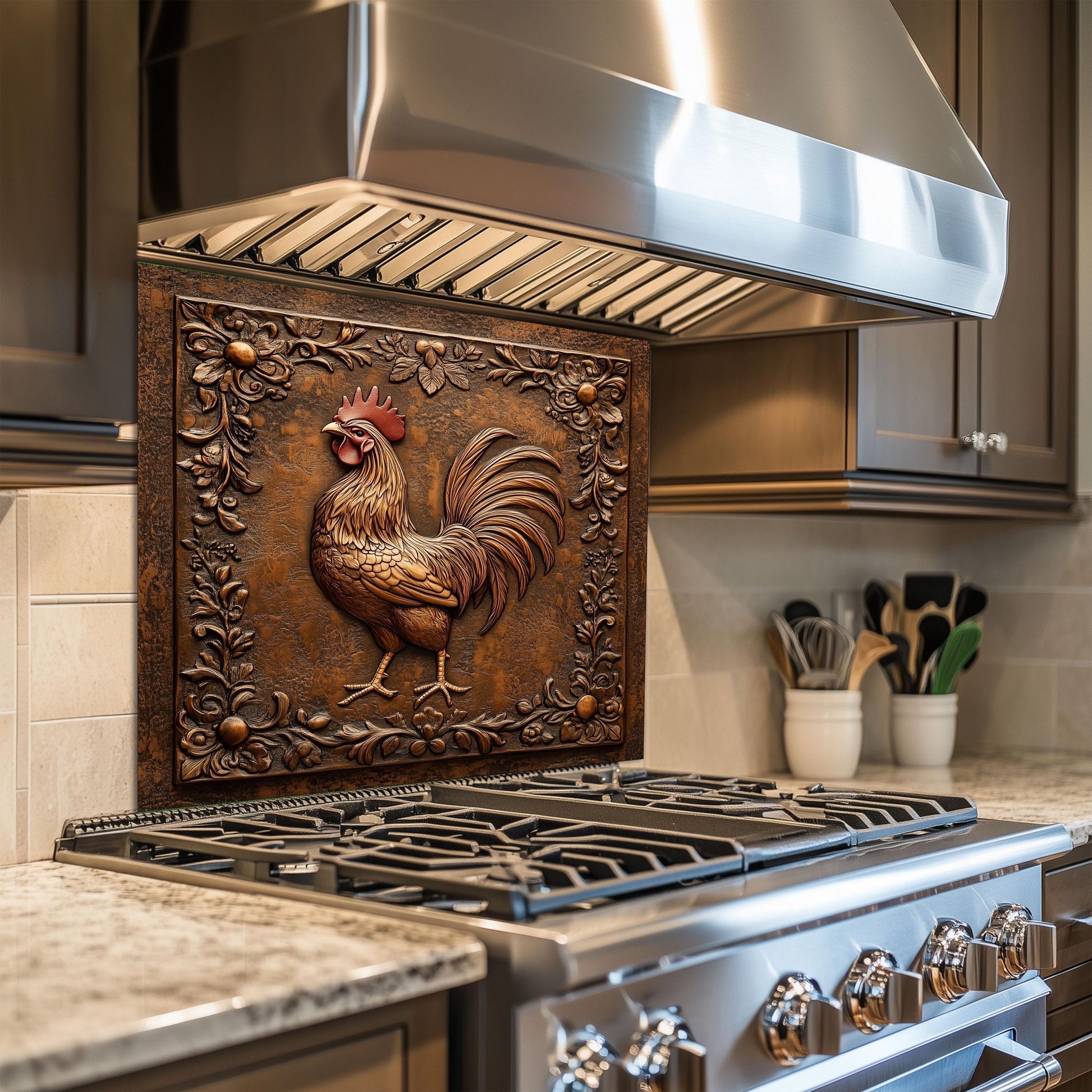 Rustic Rooster Tempered Glass Kitchen Backsplash: Farmhouse Decor