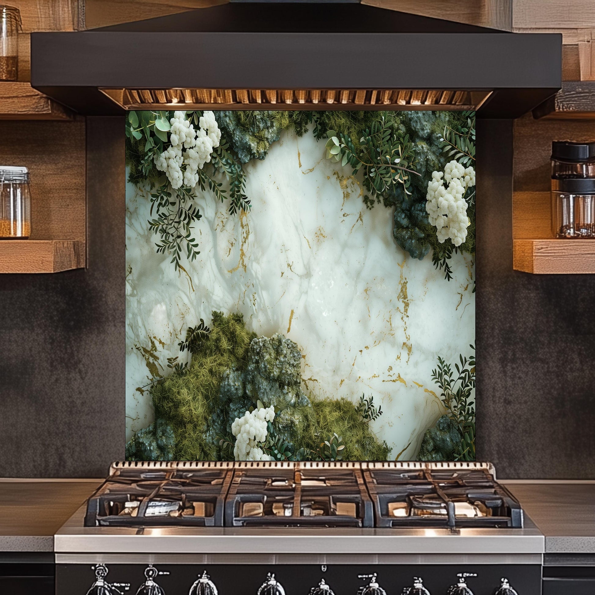 Luxury Marble and Botanical Tempered Glass Backsplash - White Gold Kitchen Splashback