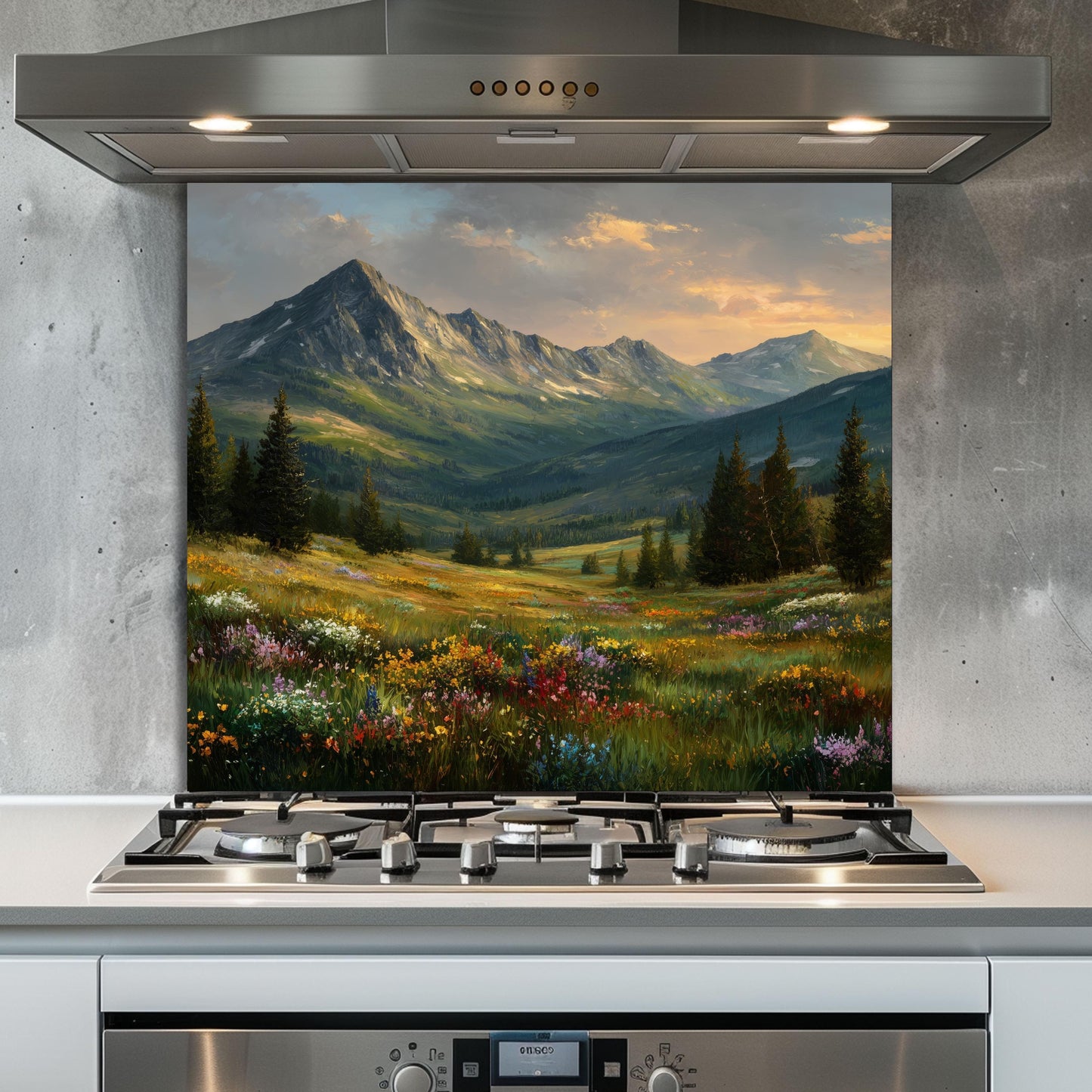 Mountain Meadow Kitchen Backsplash, Wildflower Landscape Tempered Glass, Custom Size Design