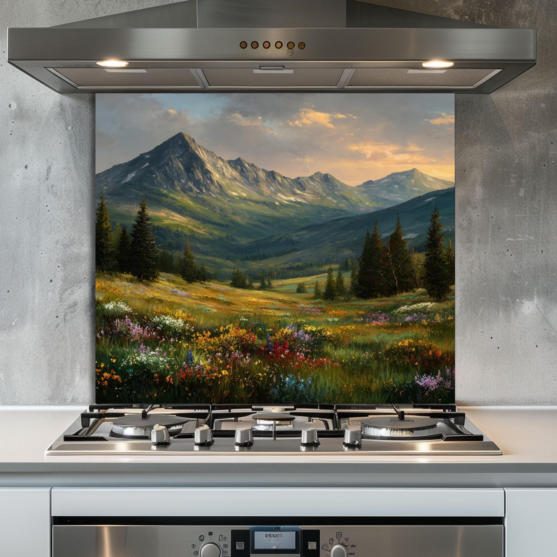 Mountain Meadow Kitchen Backsplash, Wildflower Landscape Tempered Glass, Custom Size Design