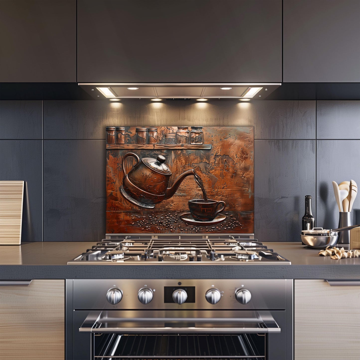 Tempered glass backsplash, copper teapot design, heat-resistant wall panel, easy clean kitchen protector, artistic backsplash, stove protector, stylish wall art, modern kitchen decor