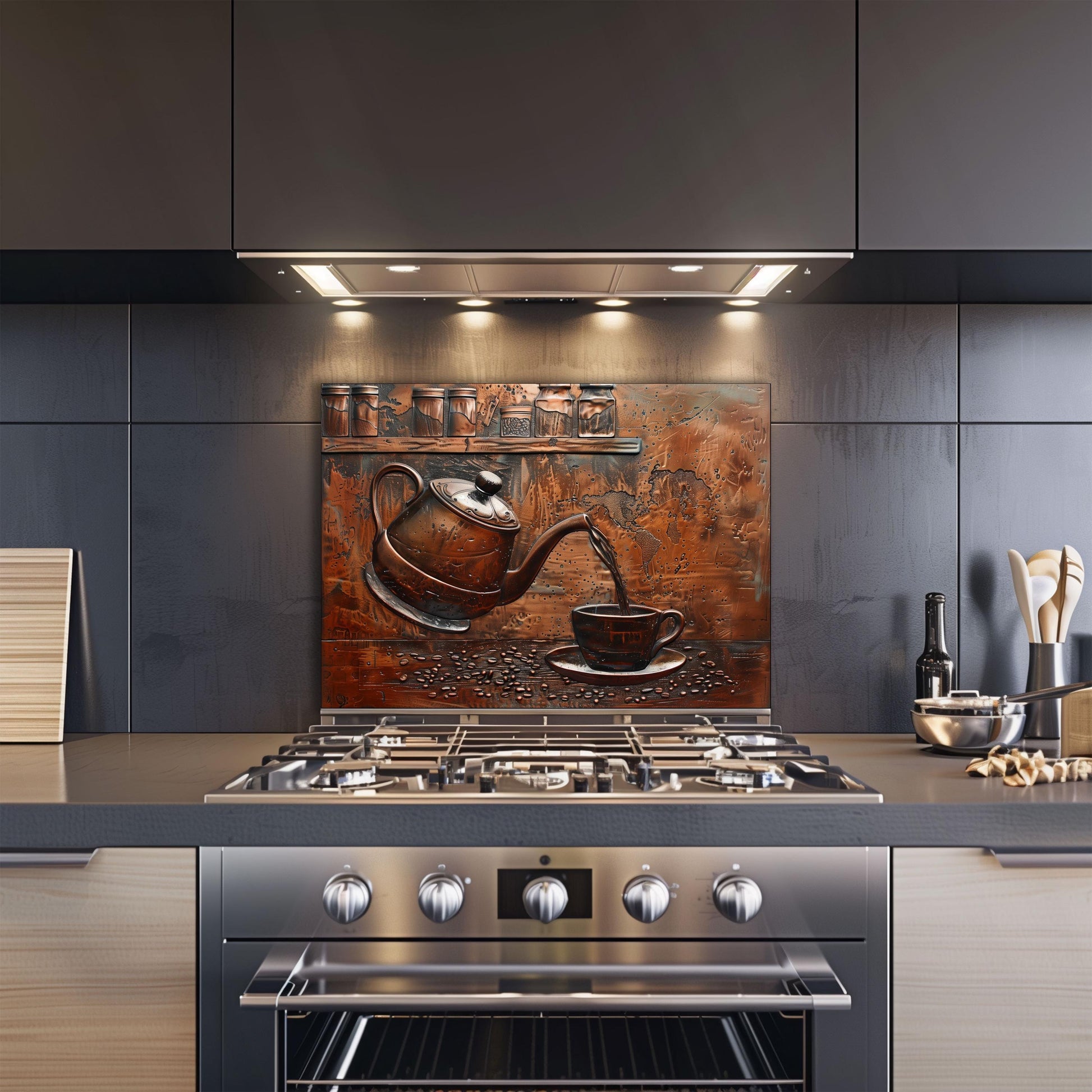 Tempered glass backsplash, copper teapot design, heat-resistant wall panel, easy clean kitchen protector, artistic backsplash, stove protector, stylish wall art, modern kitchen decor