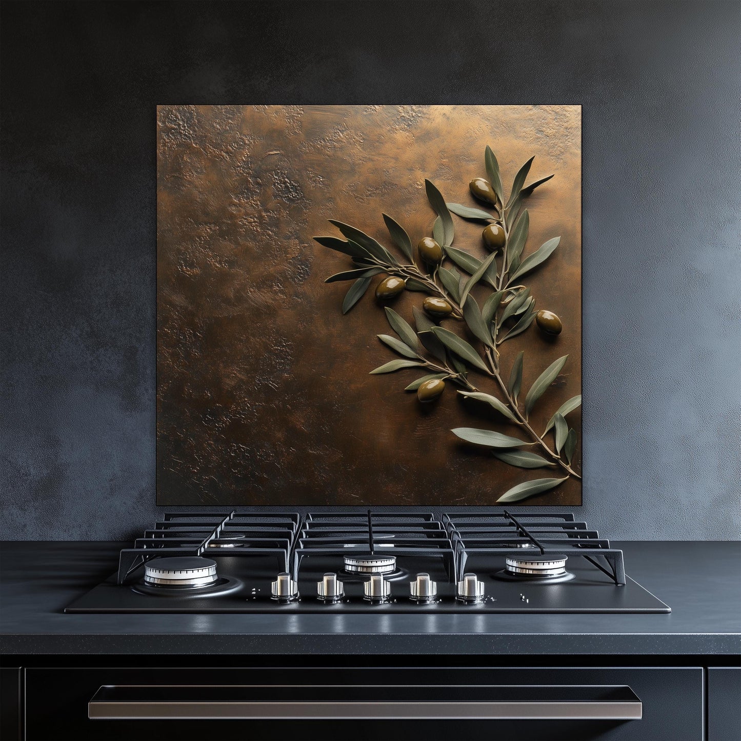Rustic Mediterranean olive branch tempered glass backsplash. Heat-resistant wall protector for kitchen with an olive design, perfect for farmhouse decor. Easy to maintain and adds natural beauty to your space.