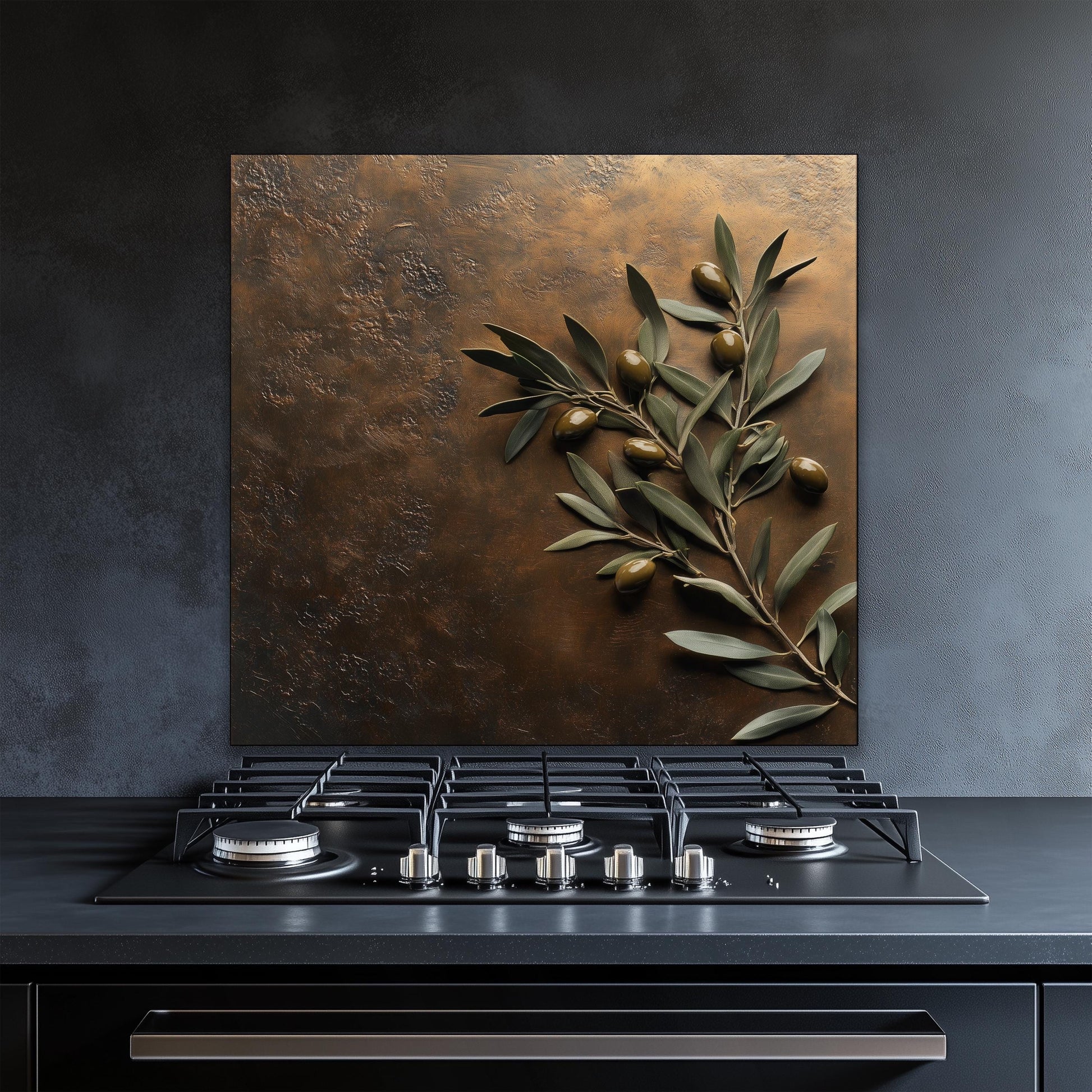 Rustic Mediterranean olive branch tempered glass backsplash. Heat-resistant wall protector for kitchen with an olive design, perfect for farmhouse decor. Easy to maintain and adds natural beauty to your space.