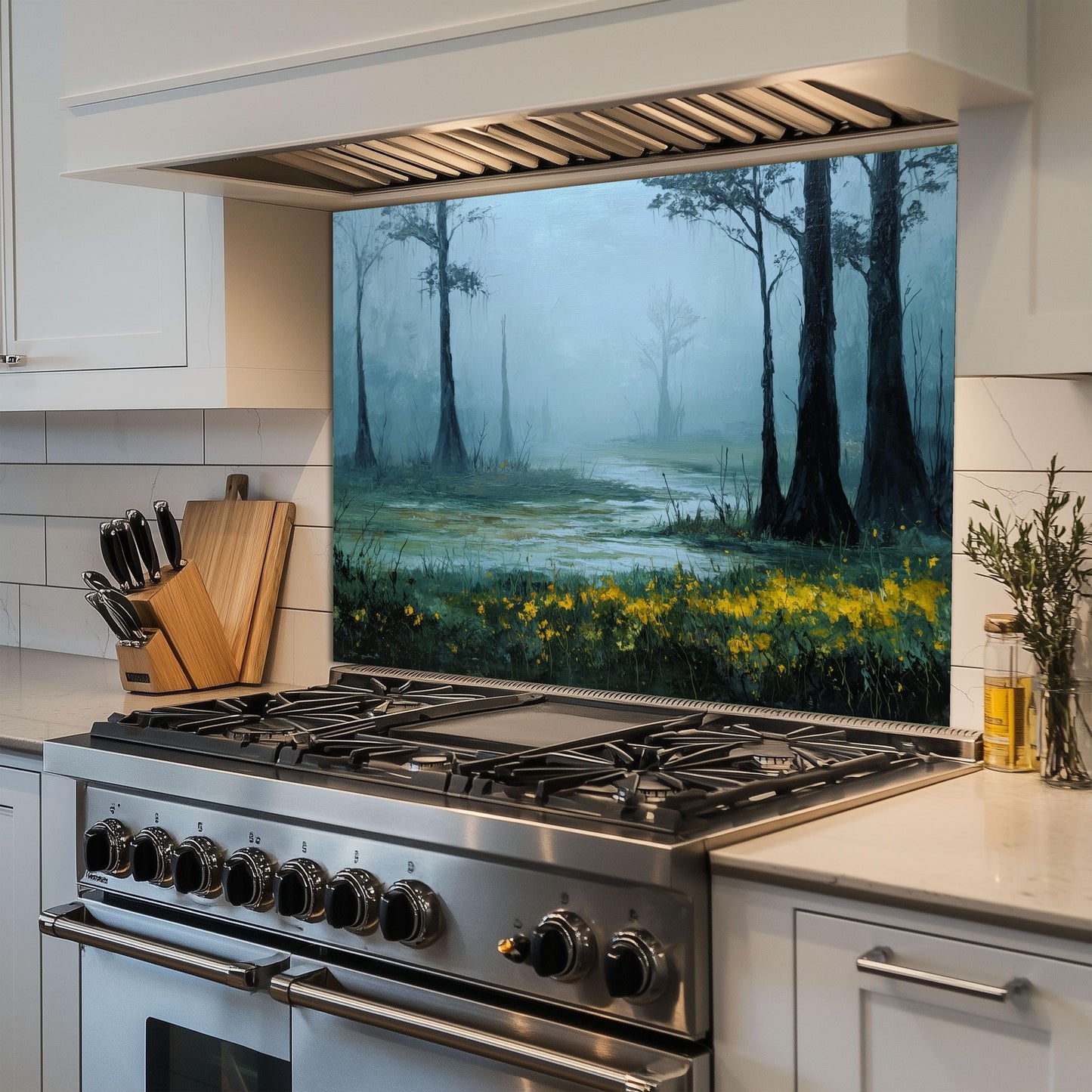 Foggy Meadow Swamp Tempered Glass Backsplash - Misty Wetland Kitchen Splashback with Yellow Flowers