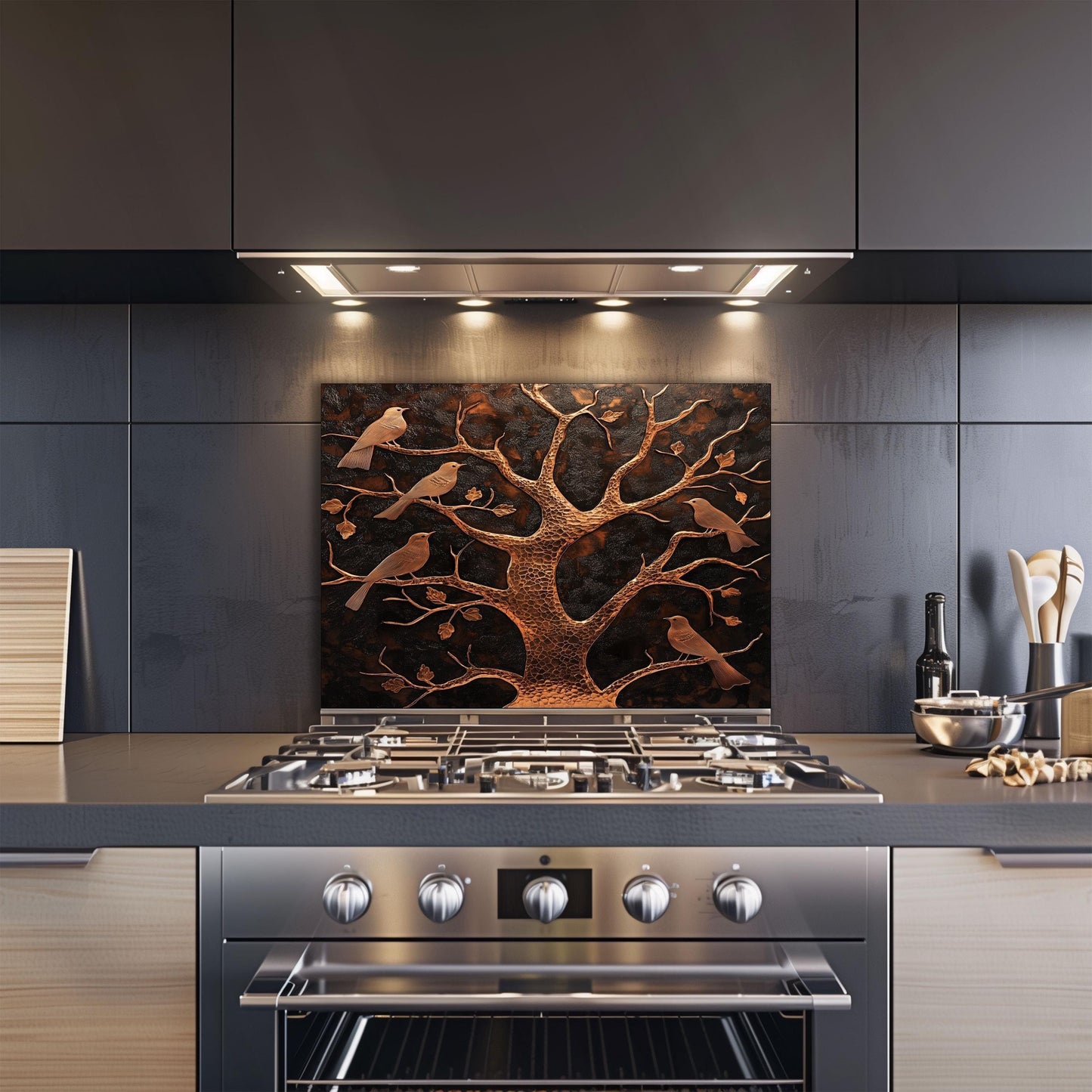 Copper tree kitchen backsplash, heat-resistant tempered glass, nature-inspired kitchen wall protector, rustic decor, easy clean wall protector, stove protector, kitchen art