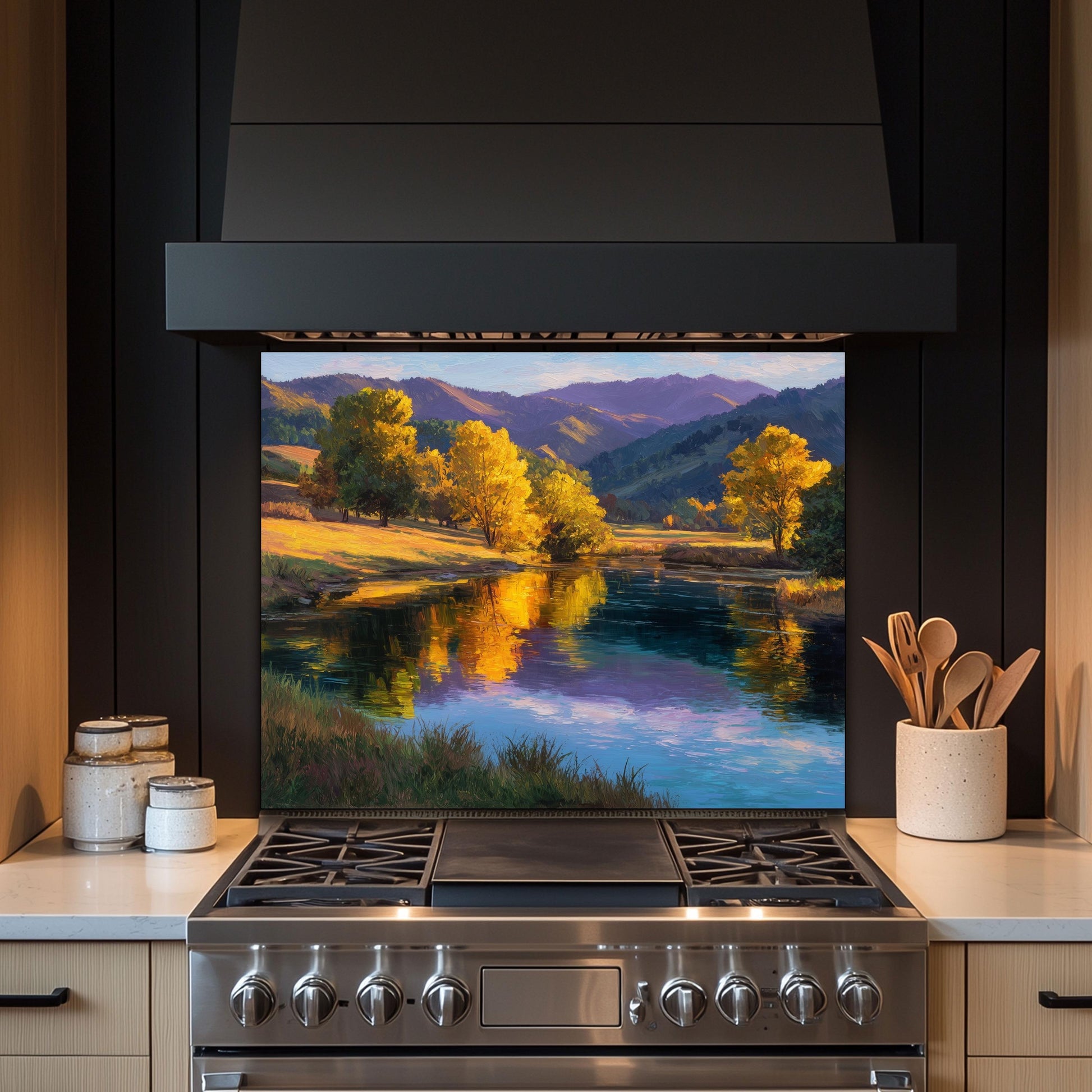 Golden Meadow Lake Tempered Glass Backsplash - Autumn Landscape Kitchen Wall Panel
