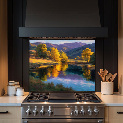 Golden Meadow Lake Tempered Glass Backsplash - Autumn Landscape Kitchen Wall Panel