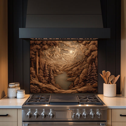 Sepia Mountain Landscape Kitchen Backsplash, UV Printed Tempered Glass Art, Custom Size Design