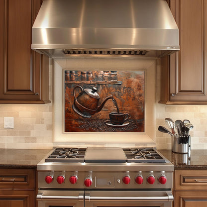 Coffee and teapot-themed tempered glass backsplash, copper design, heat-resistant kitchen wall panel, easy clean, stylish kitchen wall protector, artistic backsplash, stove protector, modern kitchen decor