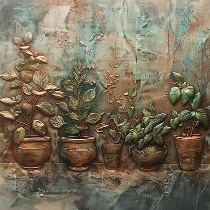 Vintage Copper Herb Pots Backsplash, Rustic Tempered Glass Art, Custom Size Design