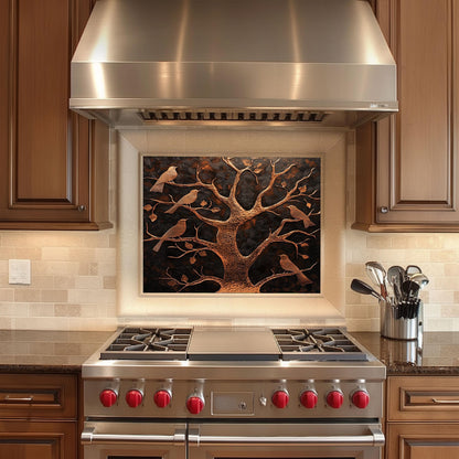 Rustic copper kitchen backsplash, tree and bird design, heat-resistant tempered glass, easy clean wall protector, nature-inspired kitchen art, stove backsplash, rustic kitchen decor