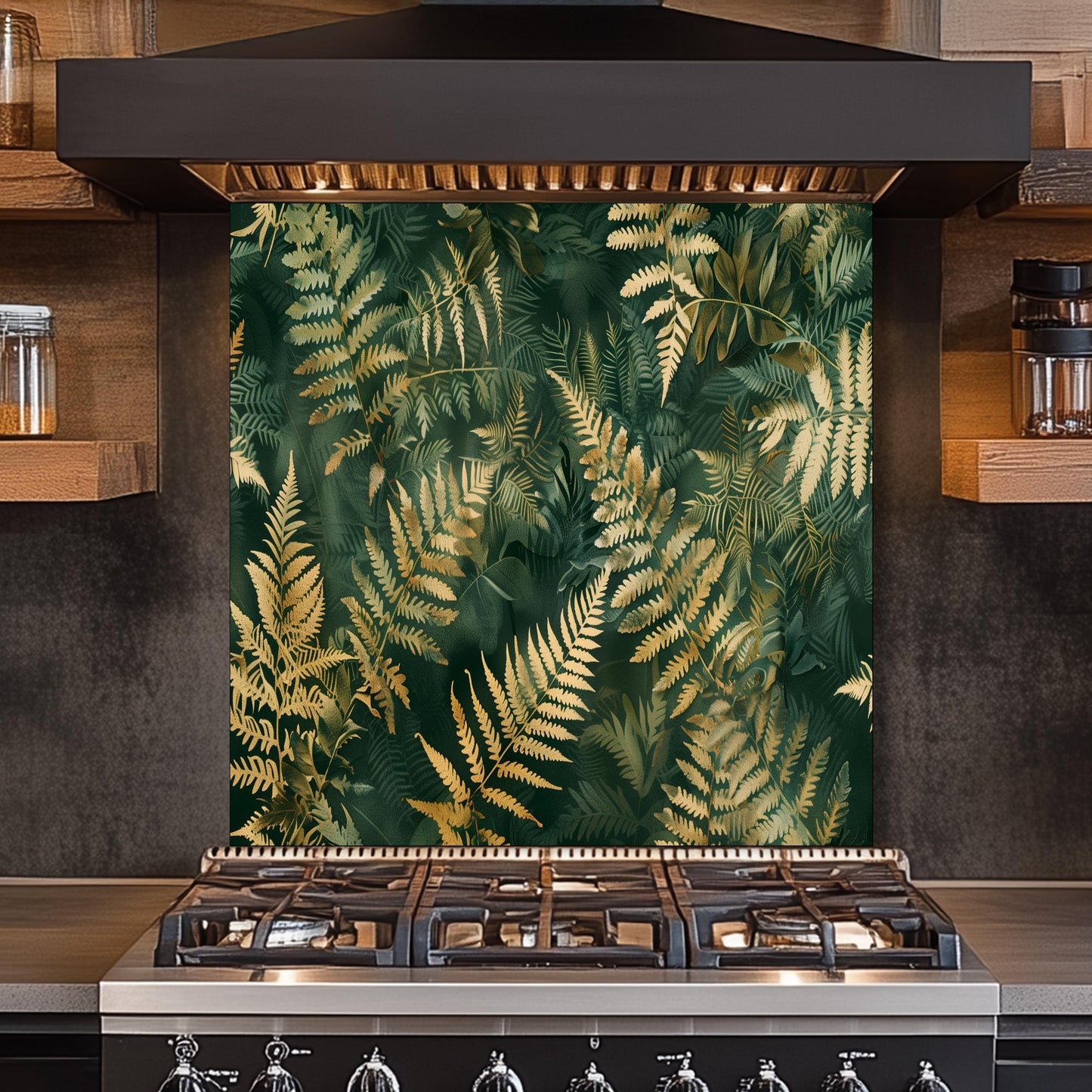 Tropical Fern Glass Backsplash, Green Gold Leaf Stove Guard, Heat Resistant Easy Clean Art
