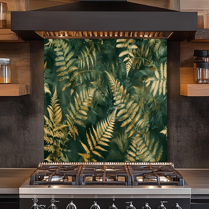 Tropical Fern Glass Backsplash, Green Gold Leaf Stove Guard, Heat Resistant Easy Clean Art