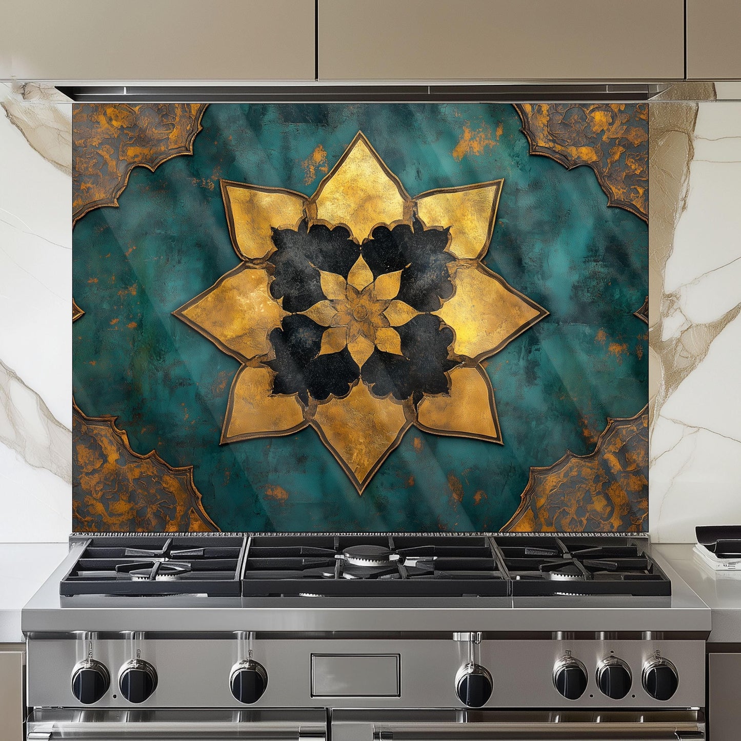 Moroccan Artistic Glass Backsplash, Floral Pattern Stove Guard, Heat Resistant Easy Clean Kitchen Art