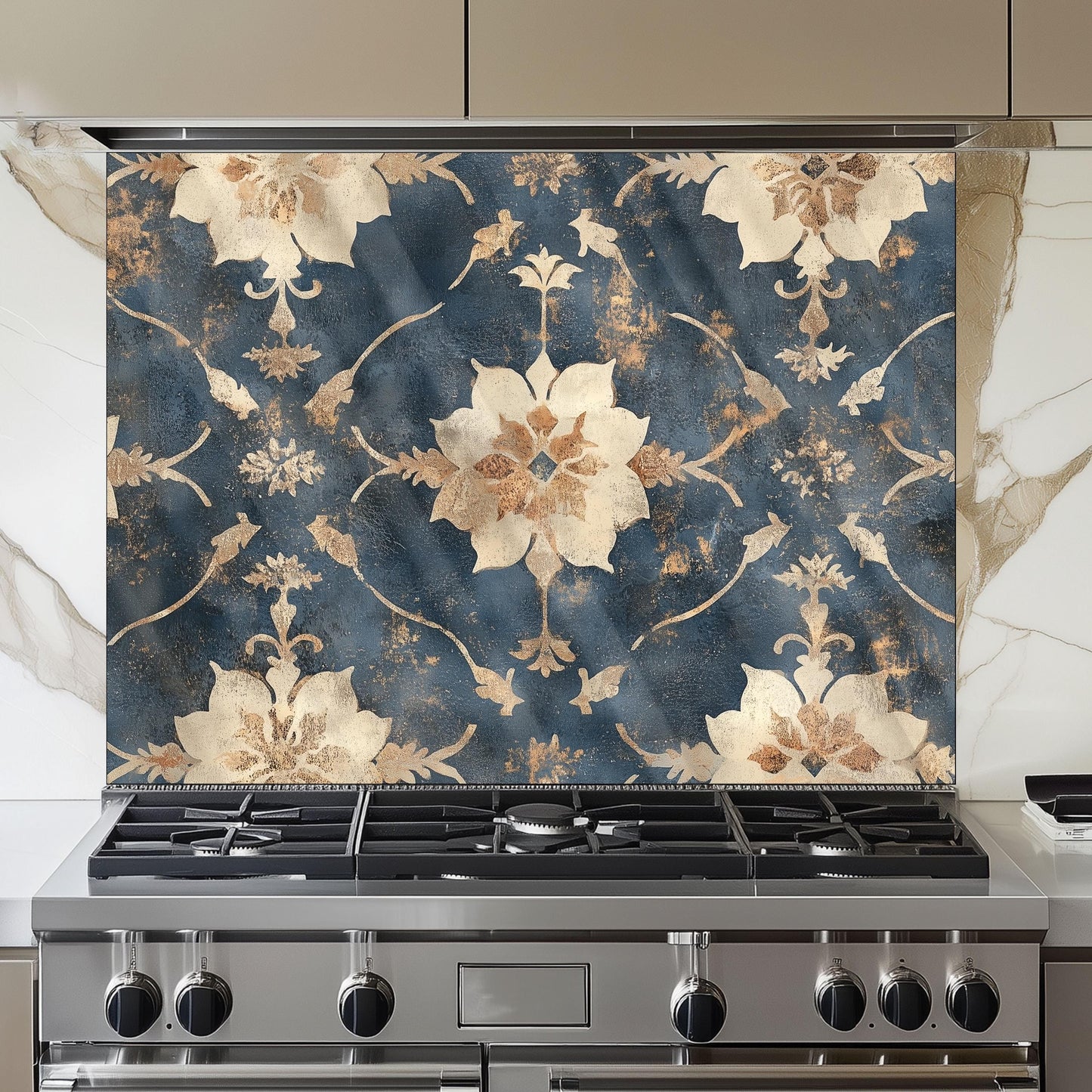 Moroccan Style Glass Backsplash, Blue Geometric Stove Guard, Heat Resistant Easy Clean Kitchen Art