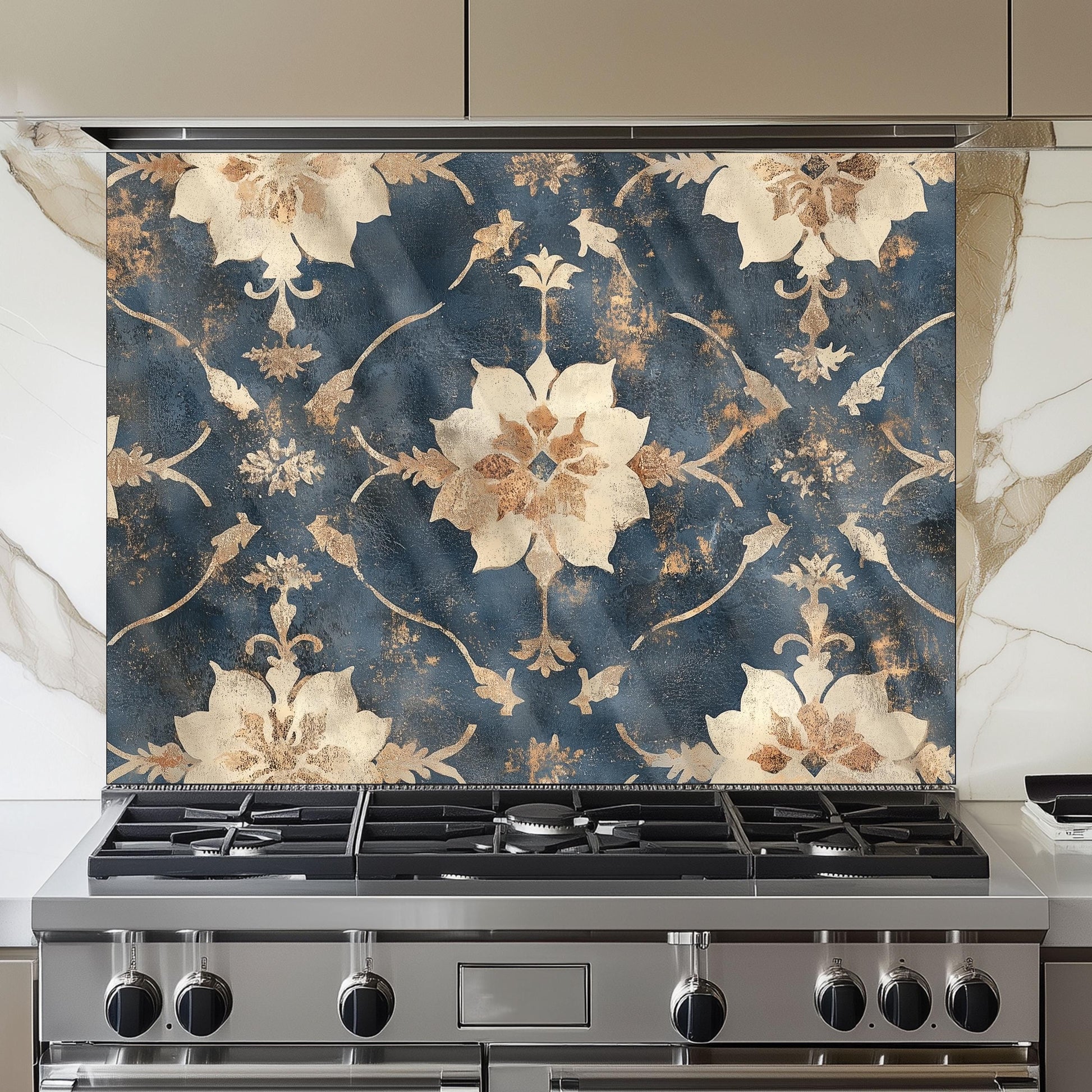 Moroccan Style Glass Backsplash, Blue Geometric Stove Guard, Heat Resistant Easy Clean Kitchen Art
