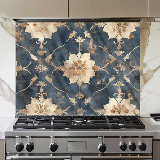 Moroccan Style Glass Backsplash, Blue Geometric Stove Guard, Heat Resistant Easy Clean Kitchen Art