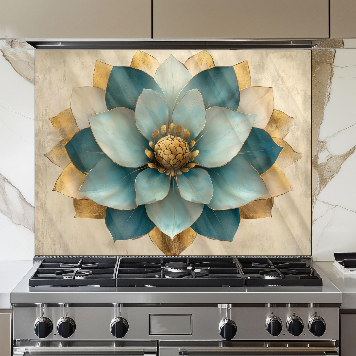 Moroccan Floral Glass Backsplash, Blue Geometric Stove Guard, Heat Resistant Easy Clean Kitchen Art