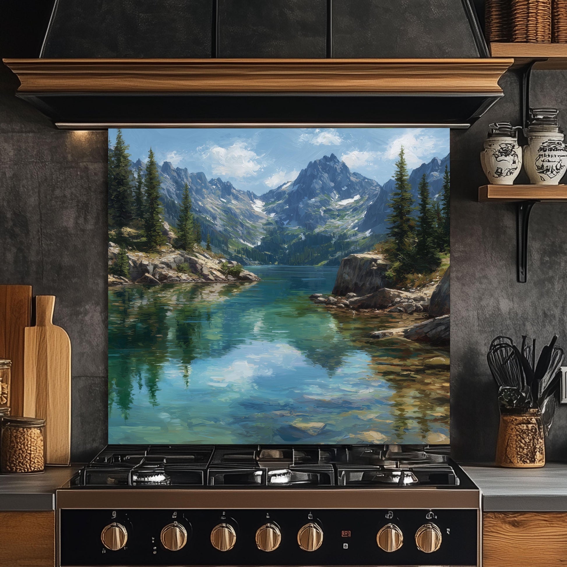 Mountain Lake Reflection Kitchen Backsplash, UV Printed Tempered Glass, Custom Size Design