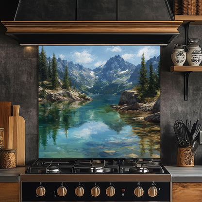 Mountain Lake Reflection Kitchen Backsplash, UV Printed Tempered Glass, Custom Size Design