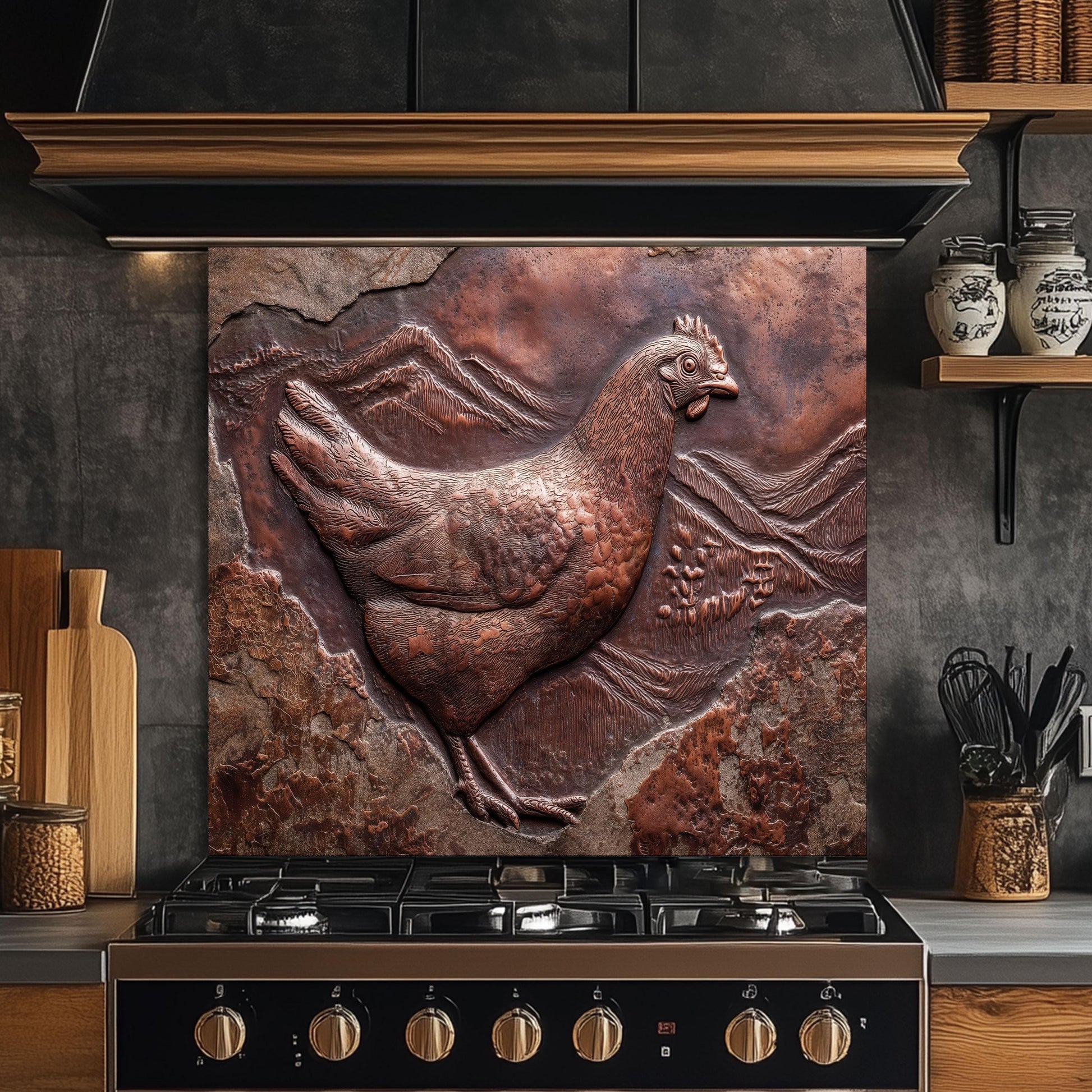 Copper Chicken Backsplash: Rustic Farmhouse Tempered Glass Stove Panel