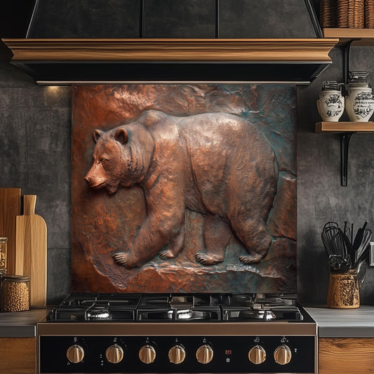 Rustic Copper Bear Backsplash: Tempered Glass Lodge Kitchen Decor