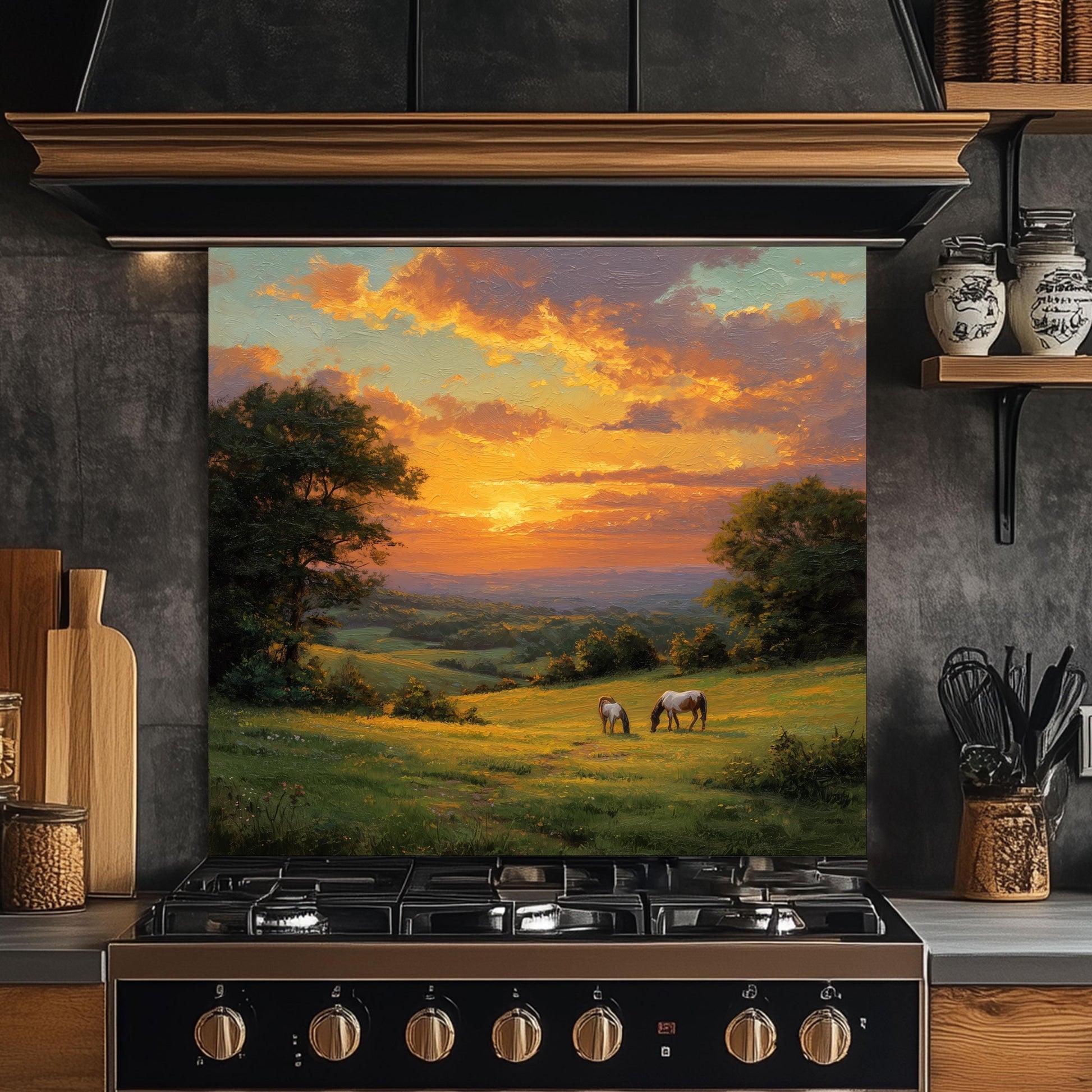 Sunset Pasture Kitchen Backsplash, Horse Landscape Tempered Glass Art, Custom Size Design