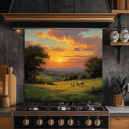 Sunset Pasture Kitchen Backsplash, Horse Landscape Tempered Glass Art, Custom Size Design