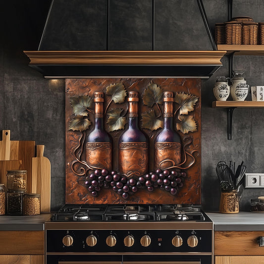 Wine bottle and grapevine kitchen backsplash, vineyard-inspired tempered glass wall protector for a farmhouse-style kitchen. This heat-resistant backsplash combines rustic charm with functional art