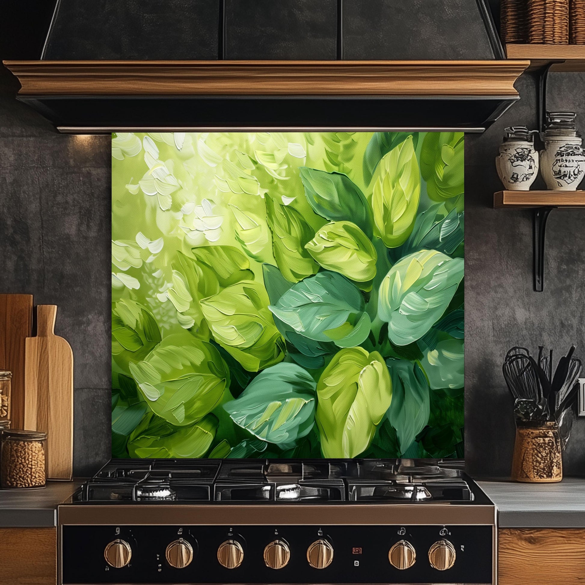 Green Leaf Glass Backsplash, Botanical Nature Stove Guard, Custom Size Kitchen Art
