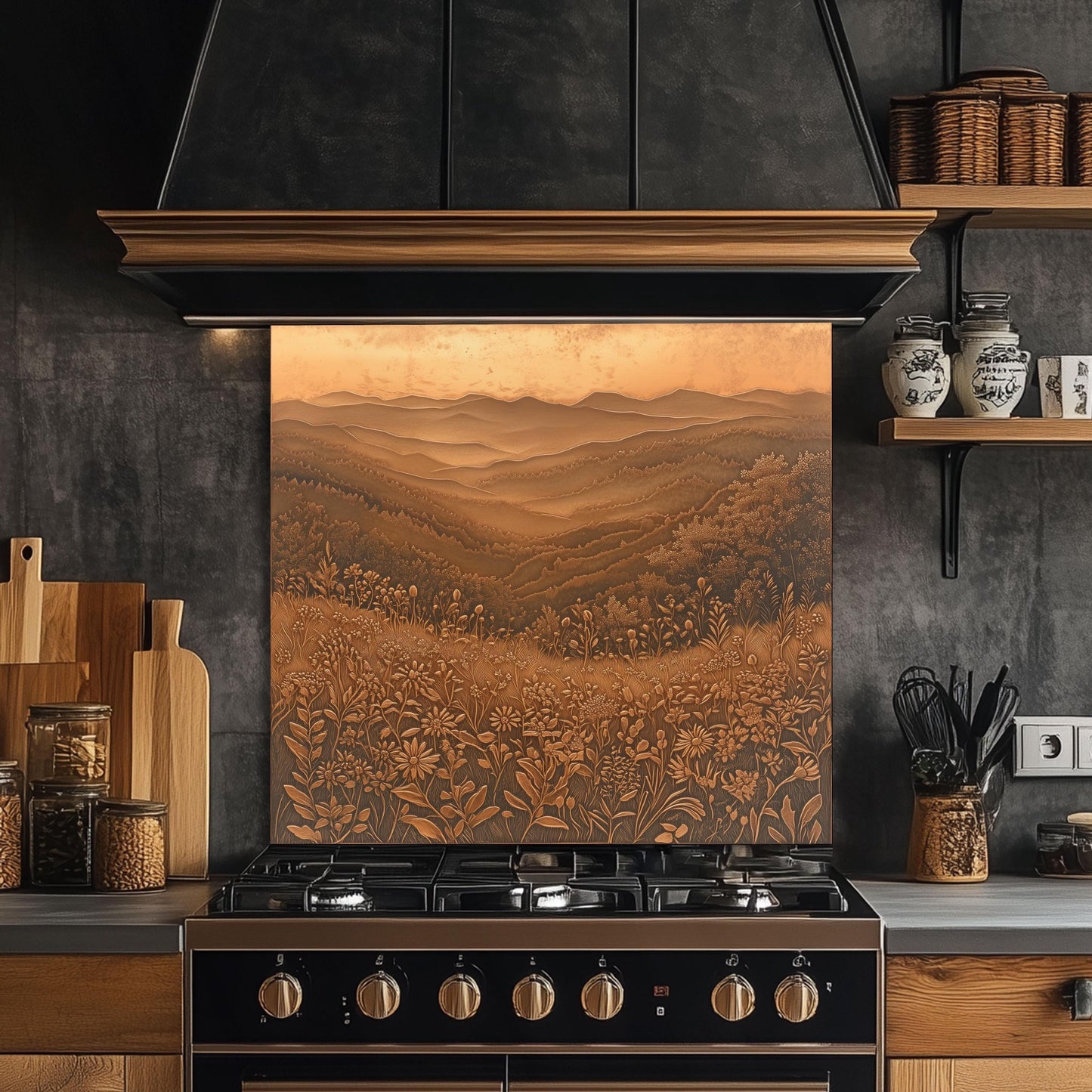 Mountain landscape kitchen backsplash, copper effect tempered glass, heat-resistant kitchen wall protector, easy clean backsplash, rustic wildflower design, stove wall protector, nature-inspired kitchen art