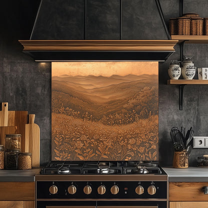 Mountain landscape kitchen backsplash, copper effect tempered glass, heat-resistant kitchen wall protector, easy clean backsplash, rustic wildflower design, stove wall protector, nature-inspired kitchen art