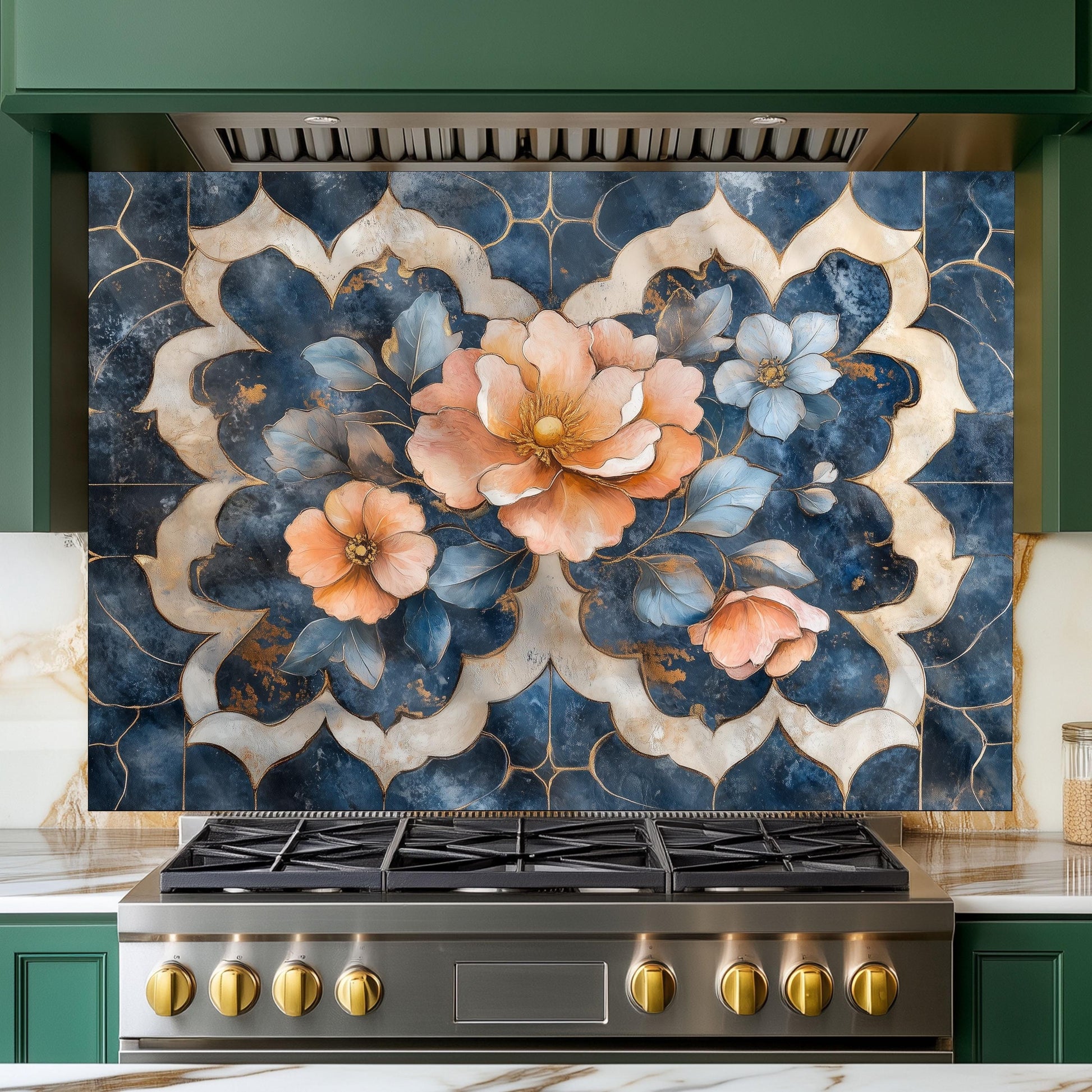 Moroccan Floral Glass Backsplash, Blue Geometric Stove Guard, Heat Resistant Easy Clean Kitchen Art