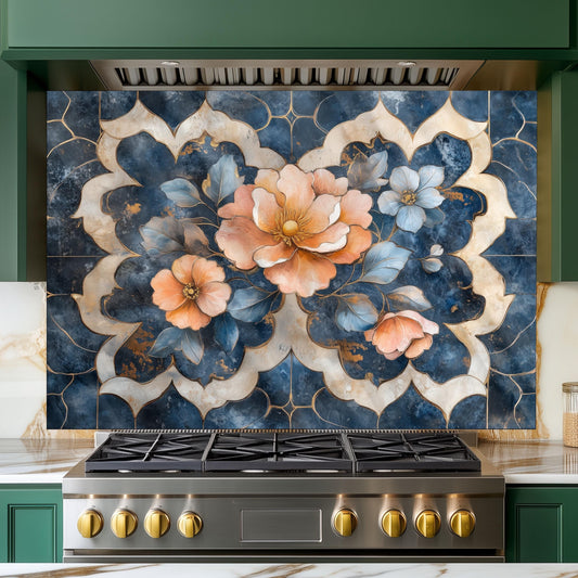 Moroccan Floral Glass Backsplash, Blue Geometric Stove Guard, Heat Resistant Easy Clean Kitchen Art