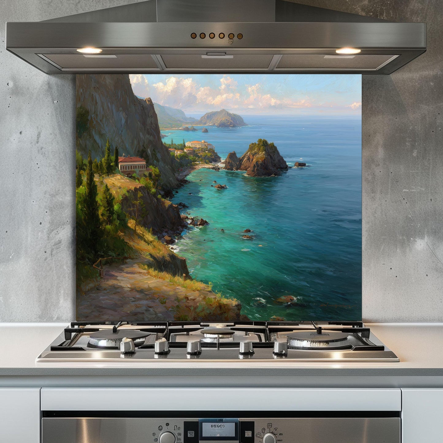 Tempered Glass Coastal Backsplash: Mountain Sunrise Kitchen Wall Art
