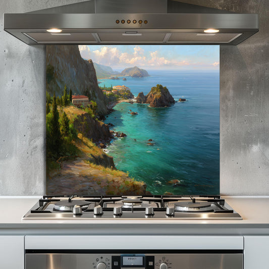 Tempered Glass Coastal Backsplash: Mountain Sunrise Kitchen Wall Art