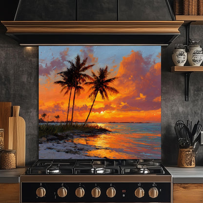 Tropical Palm Sunset Glass Backsplash – Coastal Kitchen Wall Art
